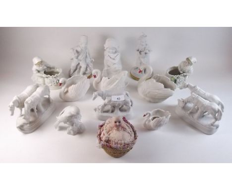 A group of white bisque porcelain including horses, swans and figures and two glazed posy figures