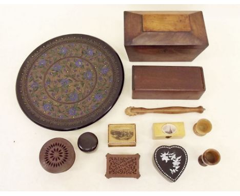 A box of treen items including dish, tea caddy, tourist ware, egg cups, stamp and pot pourri boxes etc
