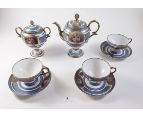 A Noritake coffee pot, sugar and three cups and saucers painted flowers on turquoise and gilt ground