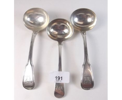 A pair of silver sauce ladles 1818 by Francis Higgins, 153g and another silver sauce ladle, 46g