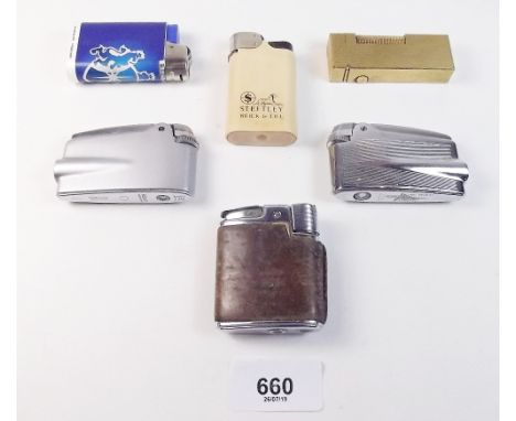 A Dunhill cigarette lighter, three Ronson lighters and two others