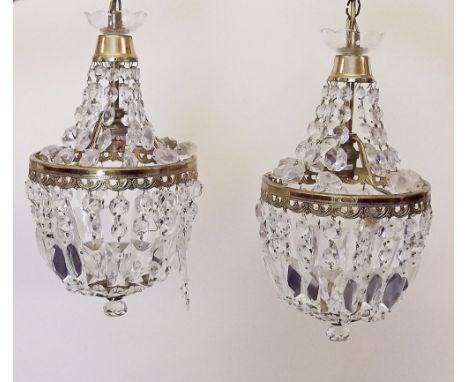 A pair of cut glass basket form light fittings