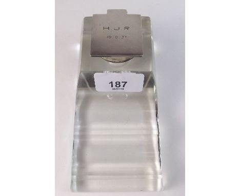A 1930's silver and glass inkwell with pen stand by Mappin and Webb, Birmingham 1936