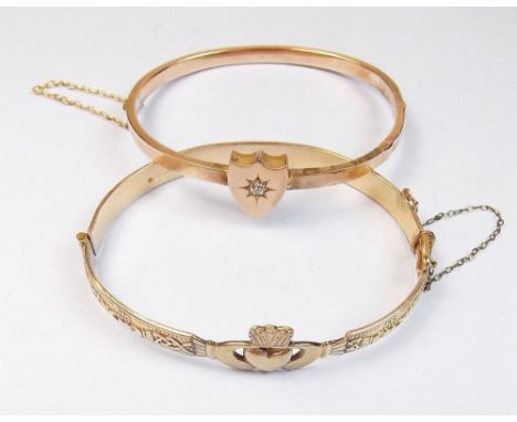 An Edwardian 9 carat gold hinged bangle with shield design inset diamond - 6.2g, and a Mizpah friendship 1/10th gold bangle