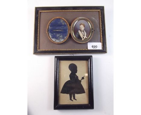 A miniature portrait of a lady - cased, and a naive silhouette of a child