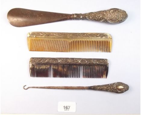 Two silver combs, silver button hook and silver plated shoe horn