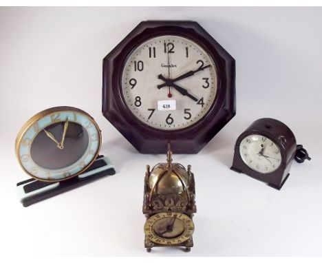 A Bakelite Genalex wall clock with a Smiths 'Sectric' clock, a Smiths brass carriage clock and another Smiths bakelite mantel