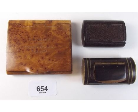 A rosewood snuff box, a lacquer snuff box and a birdseye maple cigarette case - inscribed