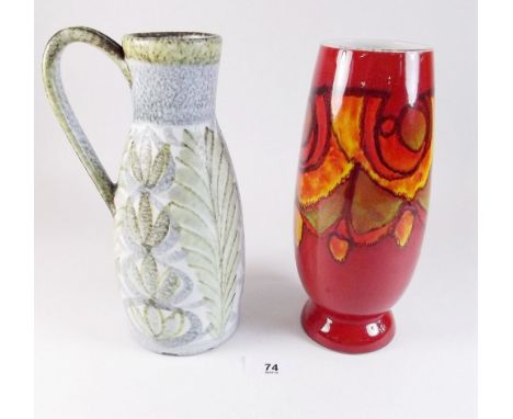 A Poole vase with red geometric design signed 22cm  and a Bourne Denby Glyn Colledge ewer - 22cm