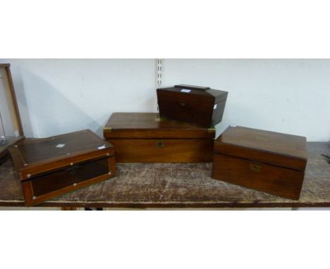 A George IV rosewood sarcophagus shaped tea caddy, two Victorian walnut writing slopes and a jewellery box 