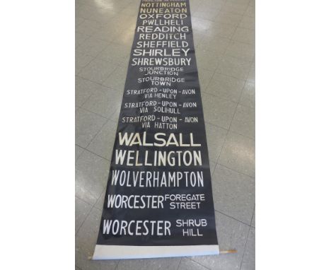 A vintage bus destination scroll, approx. 814cms l 