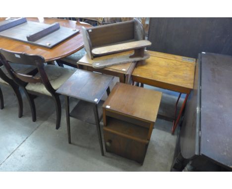 A light oak trolley, an oak occasional table, teak bedside table, a child's pine school desk, etc. 