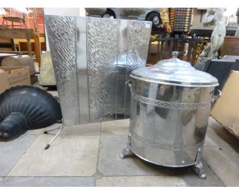 An Art Deco chrome fire screen and a coal bin 