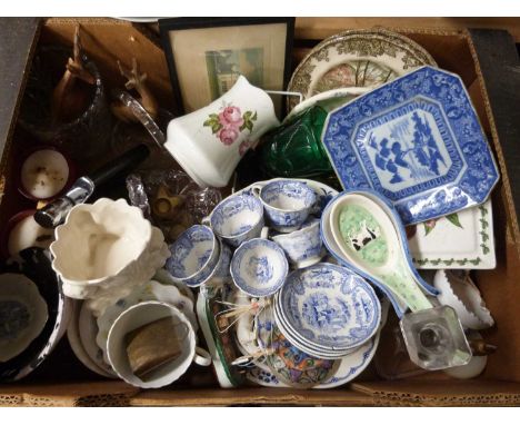 Box of various mixed ceramics and other items to include blue and white coffee cans and saucers