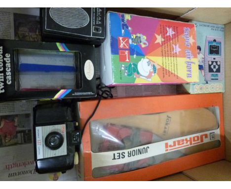 Box of vintage toys to include a Jokair Junior Set, Kodak camera and other assorted items