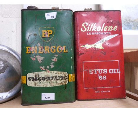 Two one gallon oil cans, BP and Silkoline