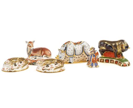 A group of six Crown Derby porcelain paperweights to include A Bull modelled Robert Jefferson, designed by Jo Ledger with gol