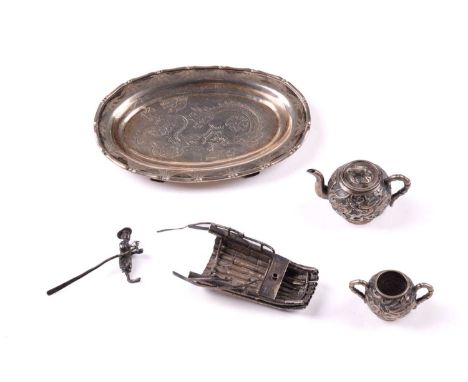 A Chinese miniature silver teapot and sugar bowl by Tuck Chang, each piece decorated with a dragon amongst clouds, 3.5cm high