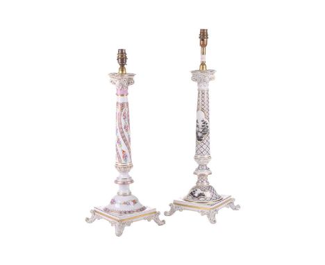 Two large Dresden porcelain column table lamps of matching design but differing decoration, 20th century, One painted with en