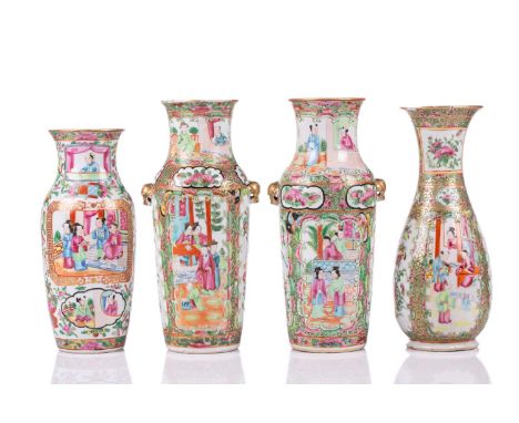 A pair of Chinese Canton enamel vases, circa 1860/1870, painted with alternating panels of figures, birds and peony, with gil