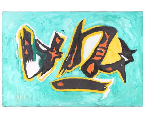 Art Derry (1930 - 1992) Trinidadian British, Abstract in turquoise yellow and orange, oil on board, 60 x 88.5 cm, unframed, t