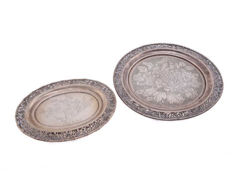 A Chinese silver salver, Wang Hing, late Qing, engraved with a large peony within a pierced bamboo shoot border, struck to th