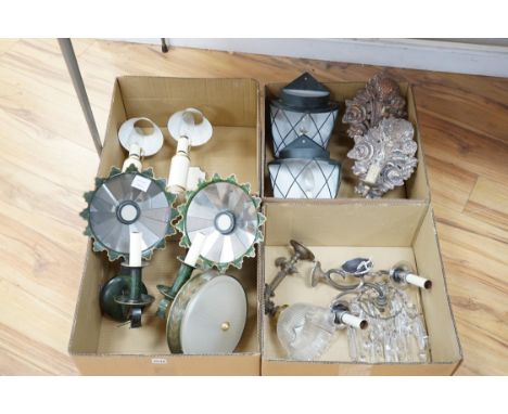 Twelve various lights: a lustre wall light, two branch chrome wall light, and glass shaded wall light, two pairs of toleware 