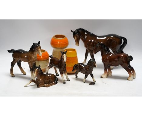 Three Shelley vases and six Beswick horses and a Canton cased teapot, teapot 14cm high. Condition - poor to fair
