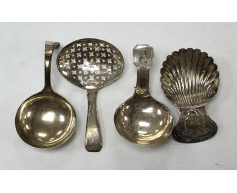 Four assorted silver caddy spoons, including Peter &amp; Ann Bateman, London, 1793, 59mm, reeded handle, Joseph Wilmore?, Bir