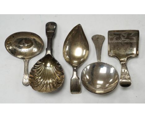 Five assorted silver caddy spoons, including shovel bowl by Cocks &amp; Bettridge, Birmingham, 1810, 61mm, leaf bowl by Willi