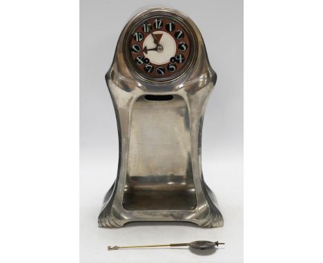 An Orivit Secessionist design pewter mantel clock, c.1905, enamelled dial and French drum shaped movement, 35cm high x 20cm a