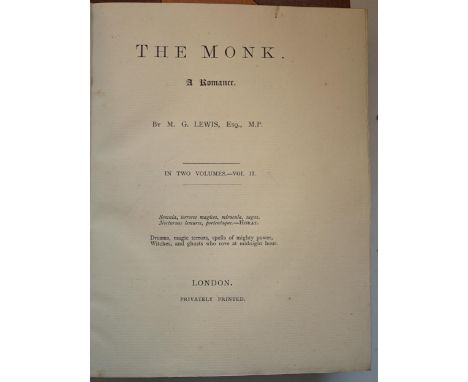 ° ° Lewis, Matthew G. - The Monk. A Romance, 2 vols, 8vo, half tan morocco, portrait frontispiece, ‘’The present edition of ‘