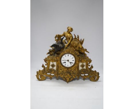 A Louis XV style gilt bronze mantel clock, 41cm wide, 35cm high. Condition - one replacement foot, fair but very dusty, not t