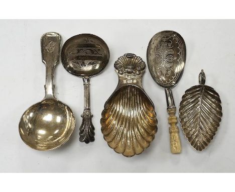 Five assorted silver caddy spoons, including fiddle pattern by Hayne &amp; Cater, London, 1843, foliate terminal handled by G