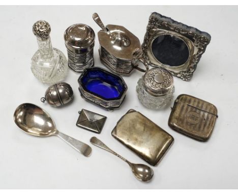 Sundry small silver etc., including condiments, toilet jars, vesta case, sterling envelope stamp case, plated match sleeve an