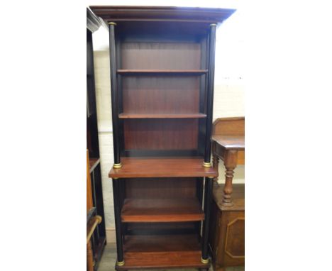 A pair of modern Mahogany open shelf bookcases with ebonised and gilt columns, width 30", depth 17" and height 78" (all measu