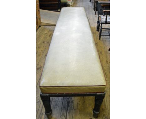 A 19th Century Oak framed upholstered pub bench, width 107", depth 22 1/2" and 19" height (all measurements approximate)
