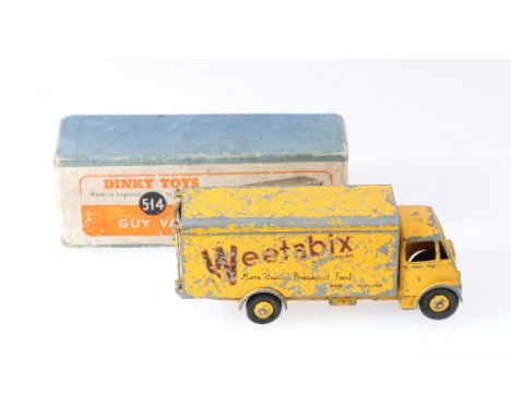 Dinky Toys 514 Guy van Weetabix, 1st type cab with yellow cab, body and ridged hubs, in blue box with pictorial label.