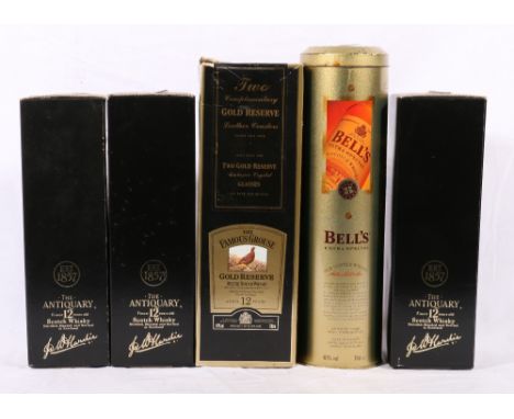 Five bottles of blended Scotch whisky including THE ANTIQUARY 12 year old, one 40% vol., 75cl., two 40% vol., 70cl., FAMOUS G