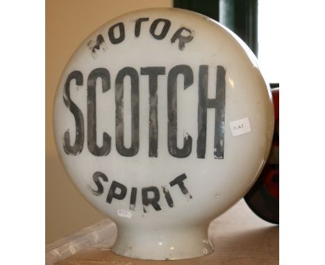 Scotch Motor spirit petrol pump globe lamp by Hailwood & Ackeroyd Ltd. CONDITION REPORT: Cracked, hole about 3cm diameter in 