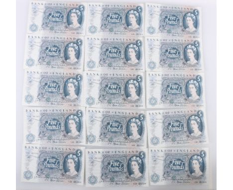BANK OF ENGLAND consecutive run of fifteen £5 banknotes (January 1967 portrait issue) Fforde Y38 551321-551335, BE101c, AUNC