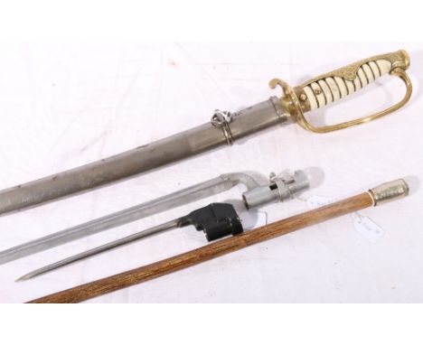 Reproduction naval sword, Queens Own Cameron Highlanders walking stick, British socket bayonet and a No 4 spike bayonet (4)