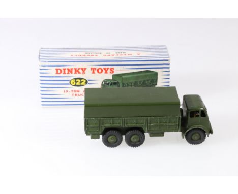 Dinky Toys 622 10-ton army truck with green body, cab and hubs, in striped pictorial box.