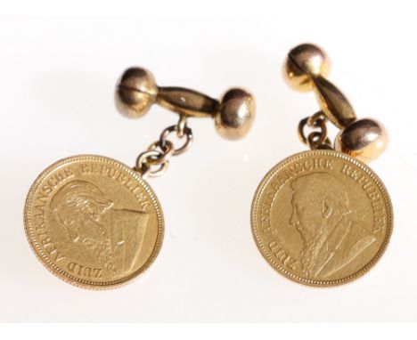 Coin art, two gold South African half pond both 1895 as cufflinks (soldered to reverse), 11.1g gross