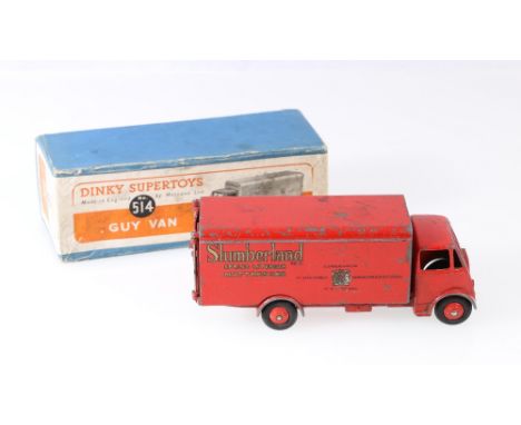 Dinky Toys 514 Guy van Slumberland, 1st type cab with red cab and body, ridged hubs, in blue box with pictorial label.