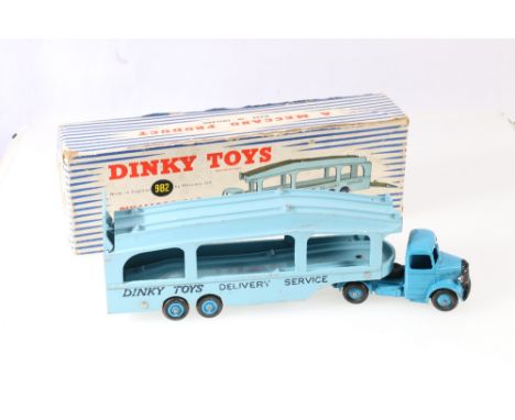 Dinky Supertoys 982 Pullmore car transporter with mid blue cab and hubs, light blue body, in striped pictorial box.