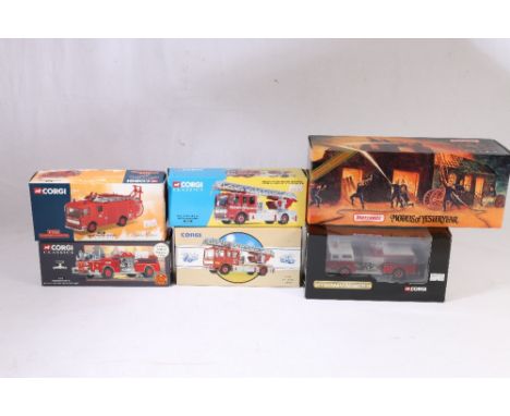 Five Corgi diecast model vehicles including 22001 West Yorkshire fire engine, 97353 Dublin fire engine, 21801 Blackpool fire 