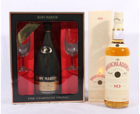 BRUICHLADDICH 10 year old Islay single malt Scotch whisky, old style bottling, 70cl, 40% vol., with box and REMY MARTIN Celle