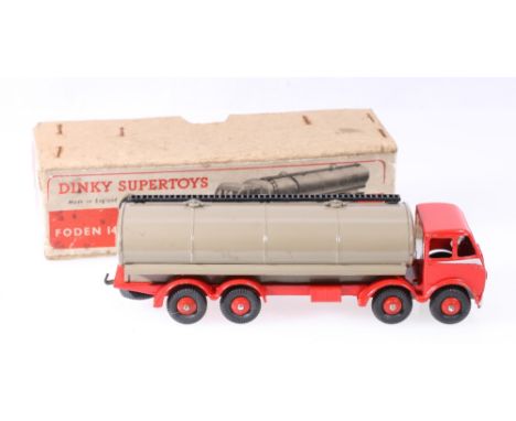 Dinky Toys 504 Foden 14 ton tanker, 1st type cab with red cab, hubs and chassis, silver flash, fawn tanker, in cardboard box 