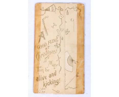 Rare bi-fold Christmas card titled 'A good fling at Christmas - may fun be alive and kicking', with textured cover decorated 